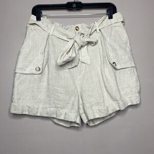 FATE Paperbag Waist Roll Up Hem Belted Linen Shorts Lined High Rise Beige Size L